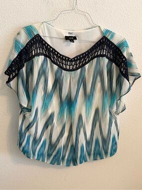 AGB Teal, Navy & White Crochet-Yoke Flutter Sleeve Blouse